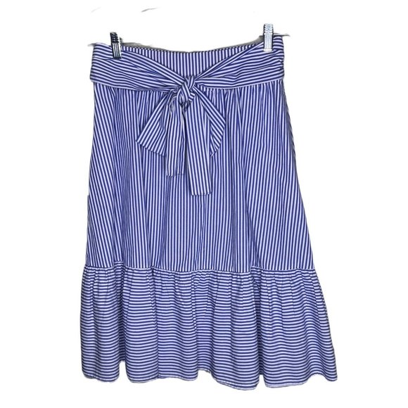 J.Crew Factory Womens Skirt Size 2 Blue Striped Tie Waist Ruffle Hem A-line - Picture 1 of 7